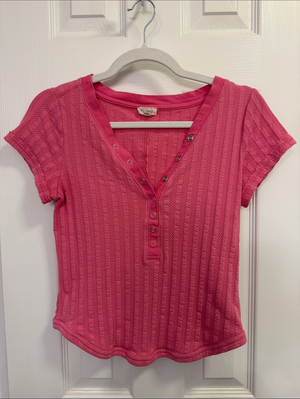 Pilcro Pink Ribbed Henley Short Sleeve Top